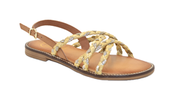 SANADALO TRECCIA RAFIA E STRASS OCRA CON FONDO IN VERA PELLE 